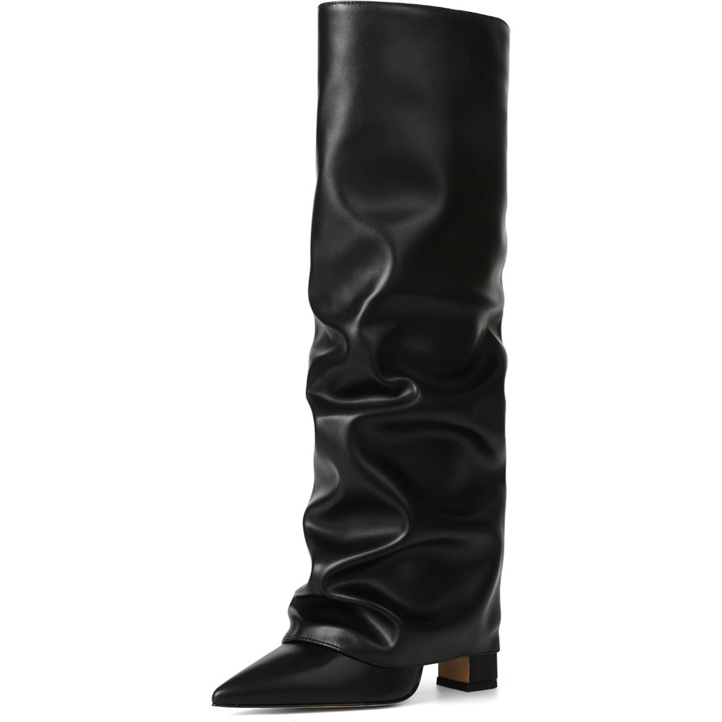Women's Slouchy Knee High Boots - Black, Pointed Toe, Fold Over, Chunky, Shark B